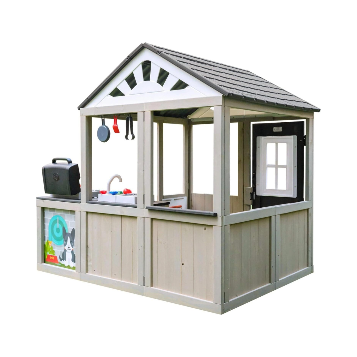 KidKraft Patio Party Wooden Outdoor Playhouse with Spinner Block Puzzle, 14pc, Backyard Playhouse for Kids Ages 3 and Up, Role Play Grill, Sink and Interactive Accessories