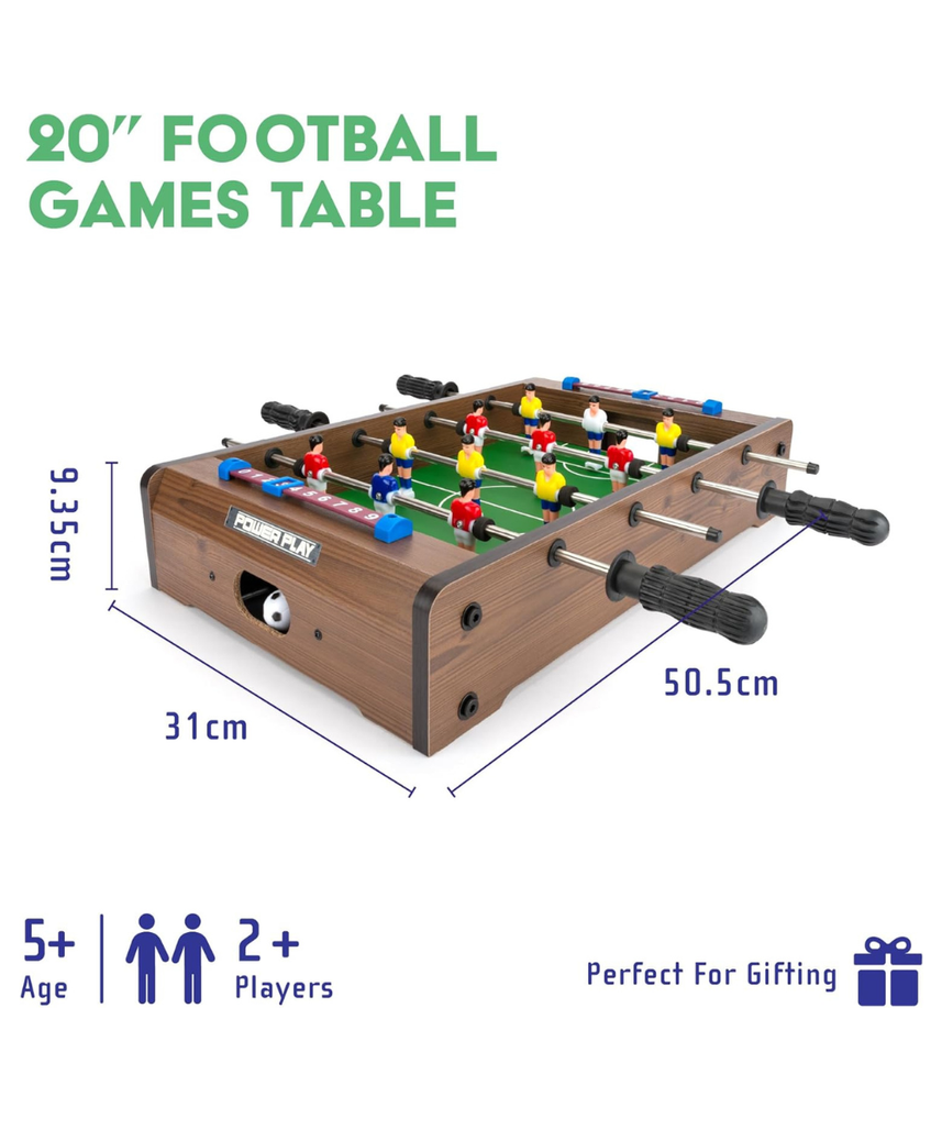 Power Play TY5893DB Table Top Football Foosball Game, 20 Inch Compact Game Table for Boys and Girls 5+, Sturdy Wooden Construction, Smooth Rotating Rods, Manual Score Tracker, Indoor Family Fun