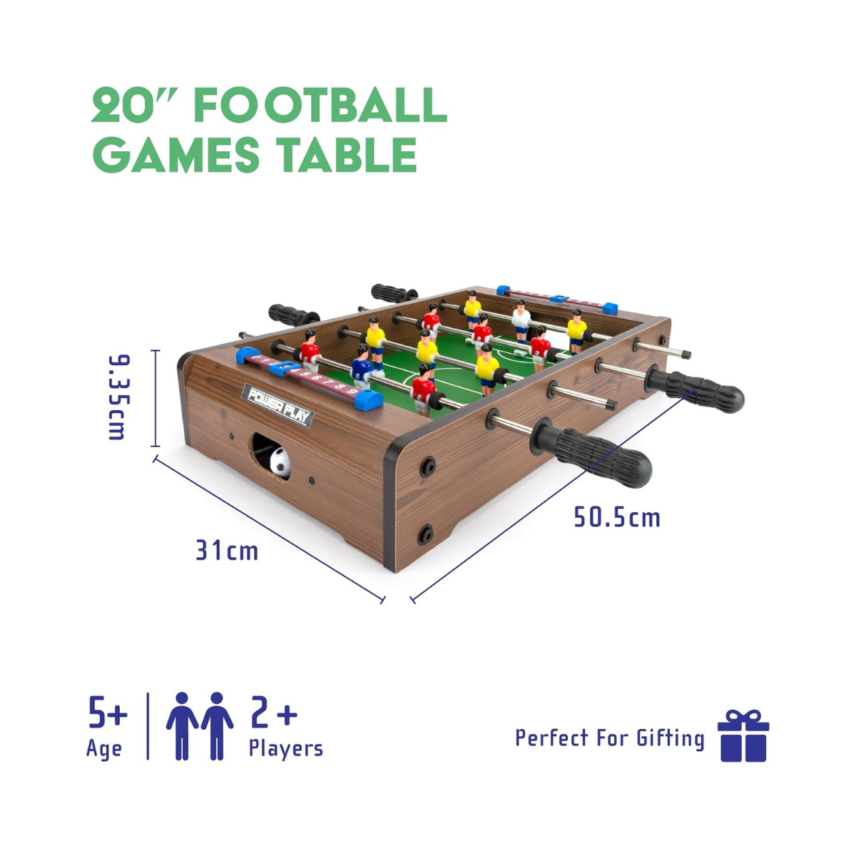 Power Play TY5893DB Table Top Football Foosball Game, 20 Inch Compact Game Table for Boys and Girls 5+, Sturdy Wooden Construction, Smooth Rotating Rods, Manual Score Tracker, Indoor Family Fun