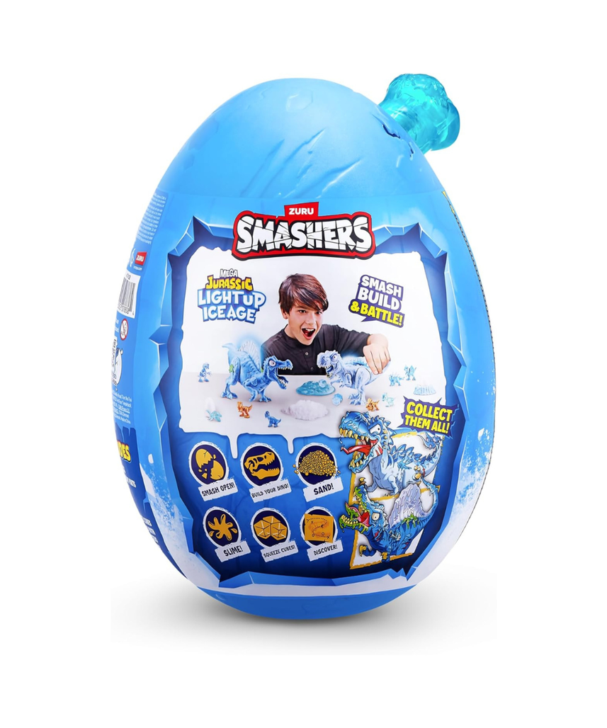 Smashers Mega Jurassic Light Up Ice Age Spinosaurus Dino Egg Toy with 25 Surprises Slime Sand Glow Features Roaring Sound Effects Collectible Dinosaur Build Kit for Kids 3+