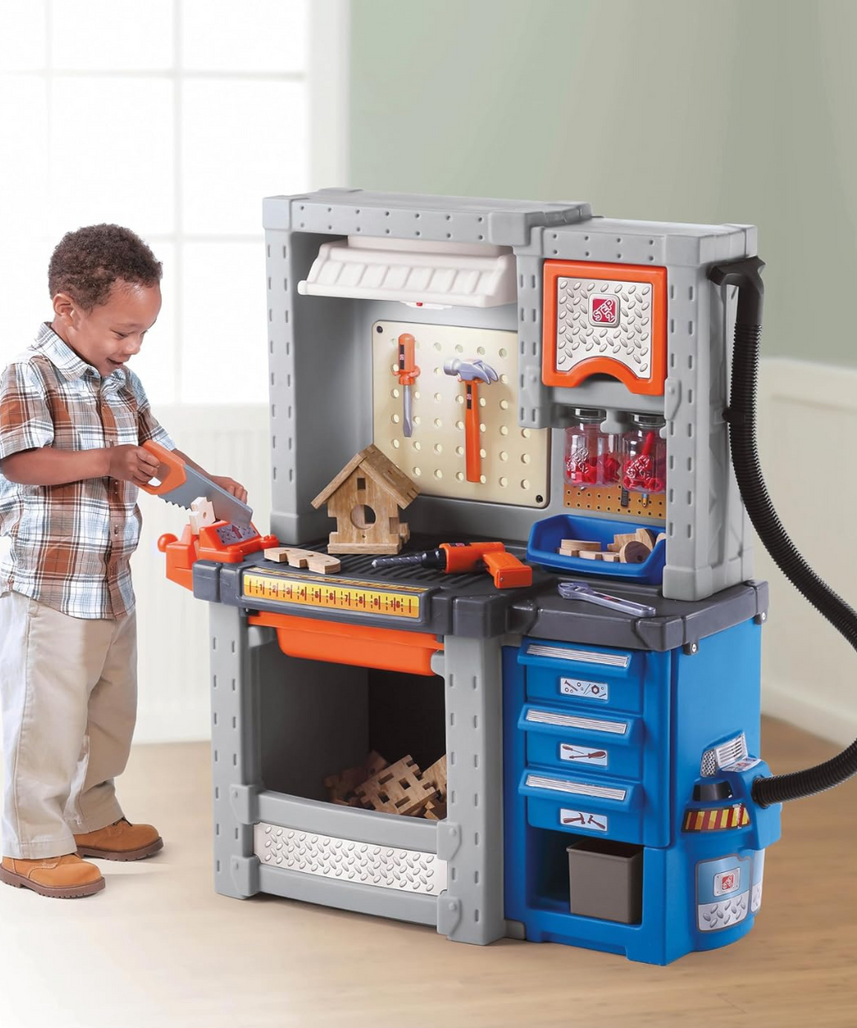 Step2 Deluxe Workshop 706000, Kids Role Play Workbench, Realistic Tools & Accessories, Durafoam Wood Projects, Storage Cabinets, Neutral/Earthy Tones, Ages 3+