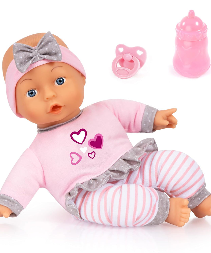 Bayer Soft Cuddle Baby Doll 30cm Set with Pacifier and Bottle, Soft Body Infant Doll for Nurturing Role Play, Purple Outfit, 10M+ Months
