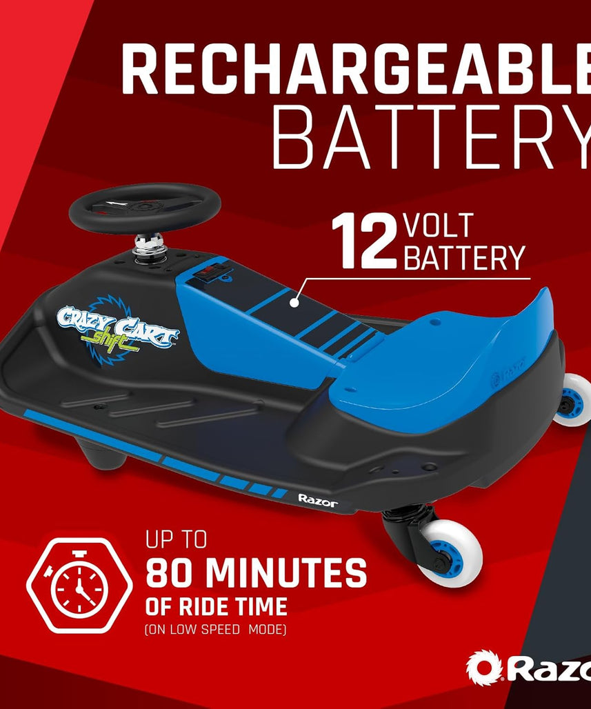 عربة سباق كهربائية Razor Crazy Cart Shift 12 فولت للأطفال من سن 6 سنوات فما فوق، مفتاح سرعة عالية/منخفضة قابل للتعديل، نظام دريفت مبسط، حتى 8 أميال في الساعة، وقت تشغيل 40 دقيقة، أقصى وزن 120 رطلاً