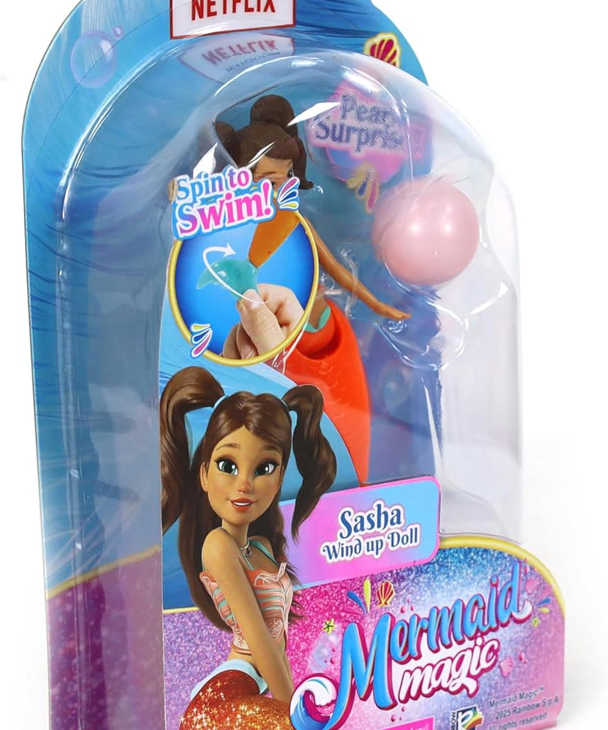 Mermaid Magic Windup Doll 5-Inch Sasha, Pearl Surprise, Spin to Swim, Action Doll, Bath Time & Pool Toy, Gift, Mermaid Dolls, Collectible, 3 Years+