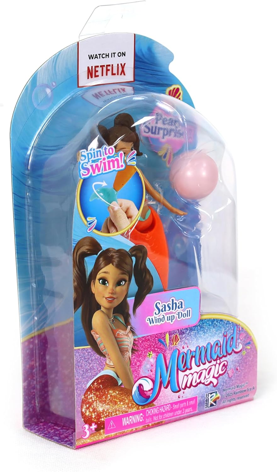 Mermaid Magic Windup Doll 5-Inch Sasha, Pearl Surprise, Spin to Swim, Action Doll, Bath Time & Pool Toy, Gift, Mermaid Dolls, Collectible, 3 Years+