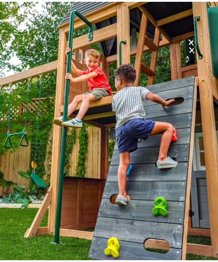 KidKraft Summit View Wooden Swing Set / Playset – Deluxe Outdoor Clubhouse with Slides, Swings, Fireman’s Pole, and Kitchen for Kids Age 3-10 Years
