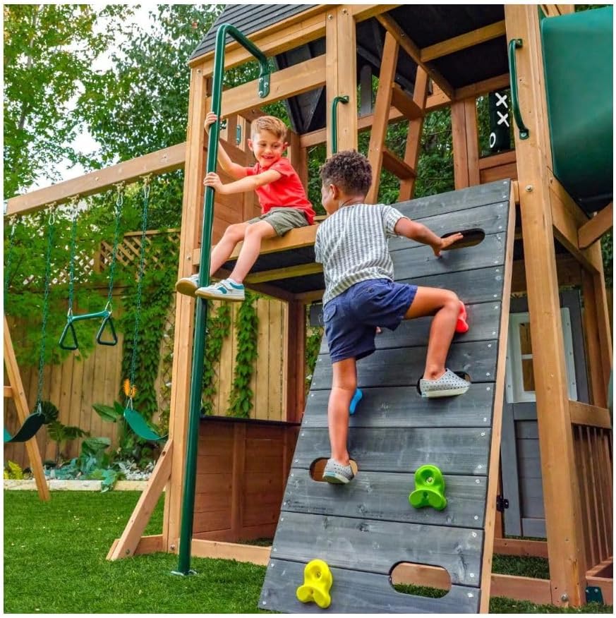 KidKraft Summit View Wooden Swing Set / Playset – Deluxe Outdoor Clubhouse with Slides, Swings, Fireman’s Pole, and Kitchen for Kids Age 3-10 Years