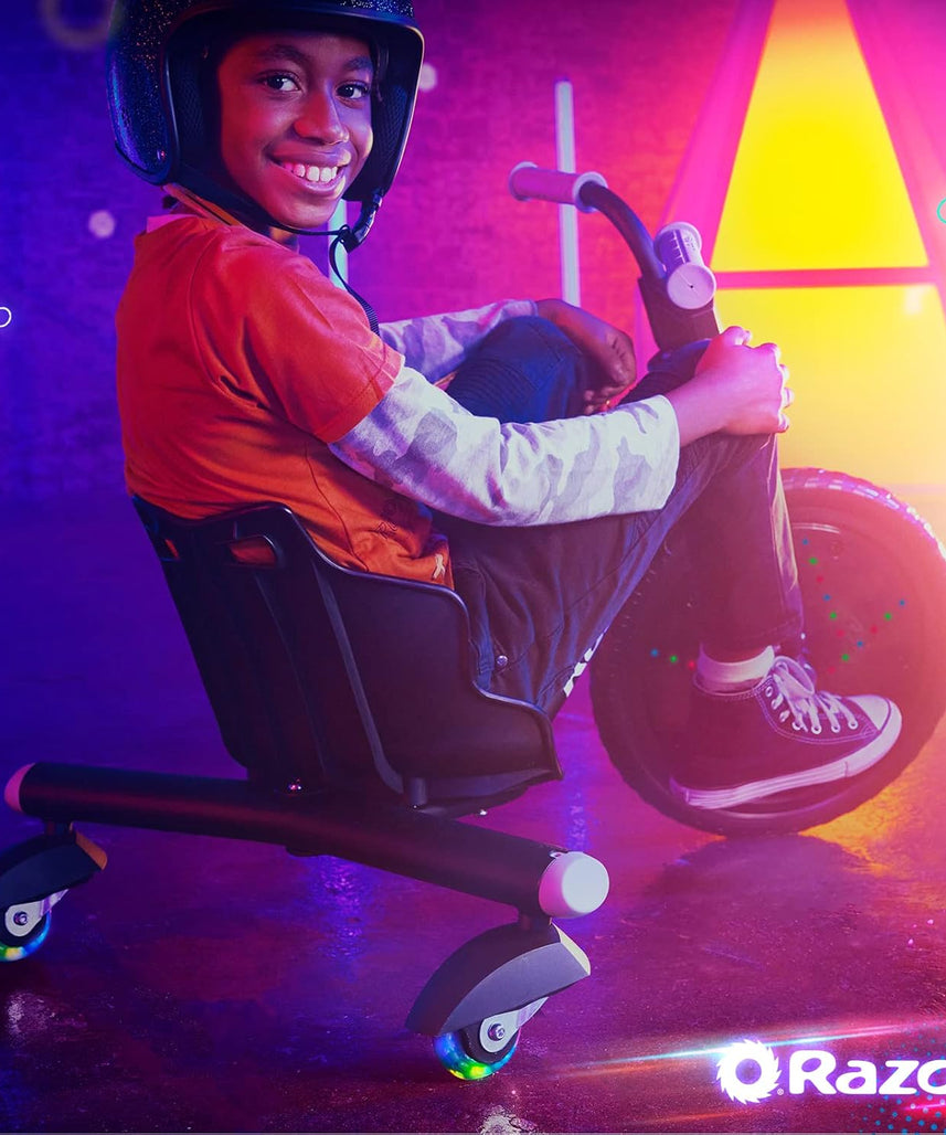 دراجة Razor RipRider 360 Lightshow Drifting ثلاثية العجلات للأطفال من سن 5 سنوات فما فوق، مزودة بدواسة ومصابيح LED متعددة الألوان تعمل بالحركة وعجلات خلفية