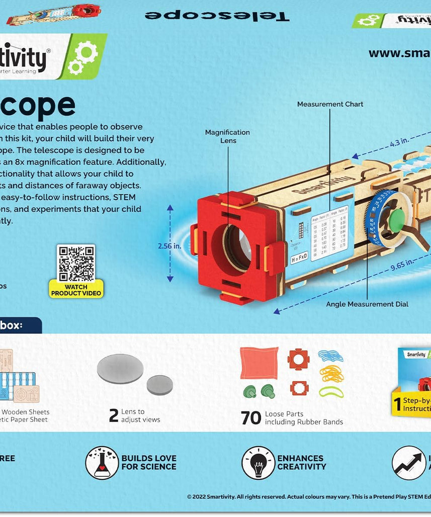 Smartivity Telescope Toy for Kids, Hands-On Learning of Optics, Lens Systems, and Magnification, Adjustable Focus, Beige
