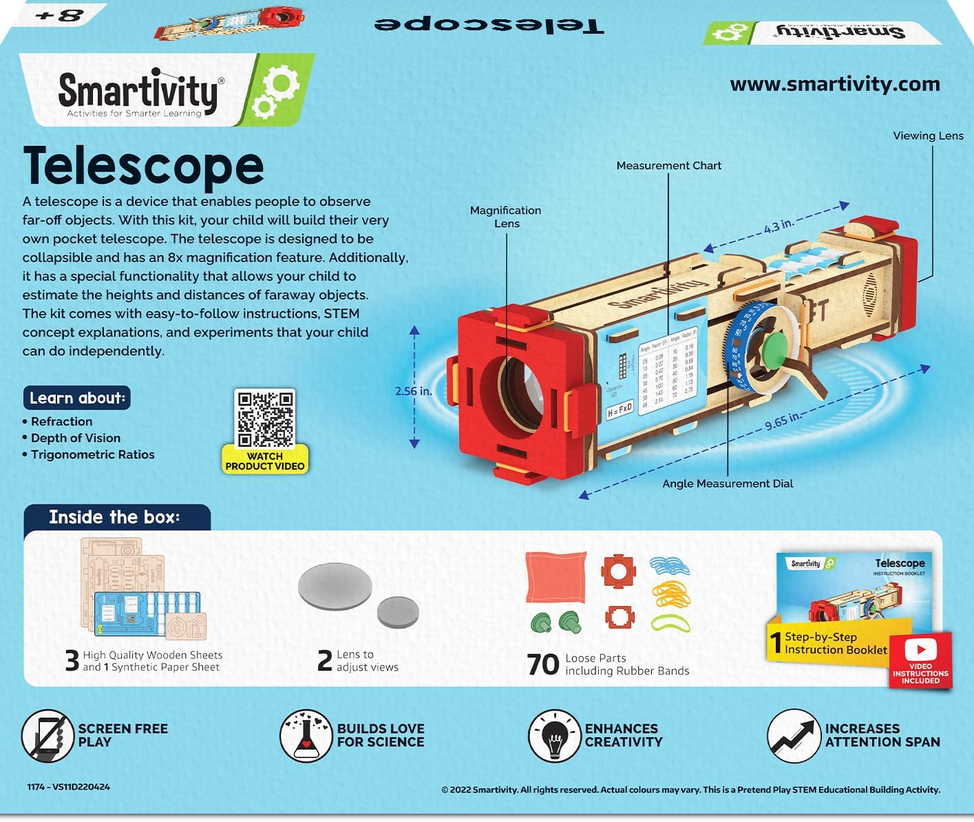 Smartivity Telescope Toy for Kids, Hands-On Learning of Optics, Lens Systems, and Magnification, Adjustable Focus, Beige