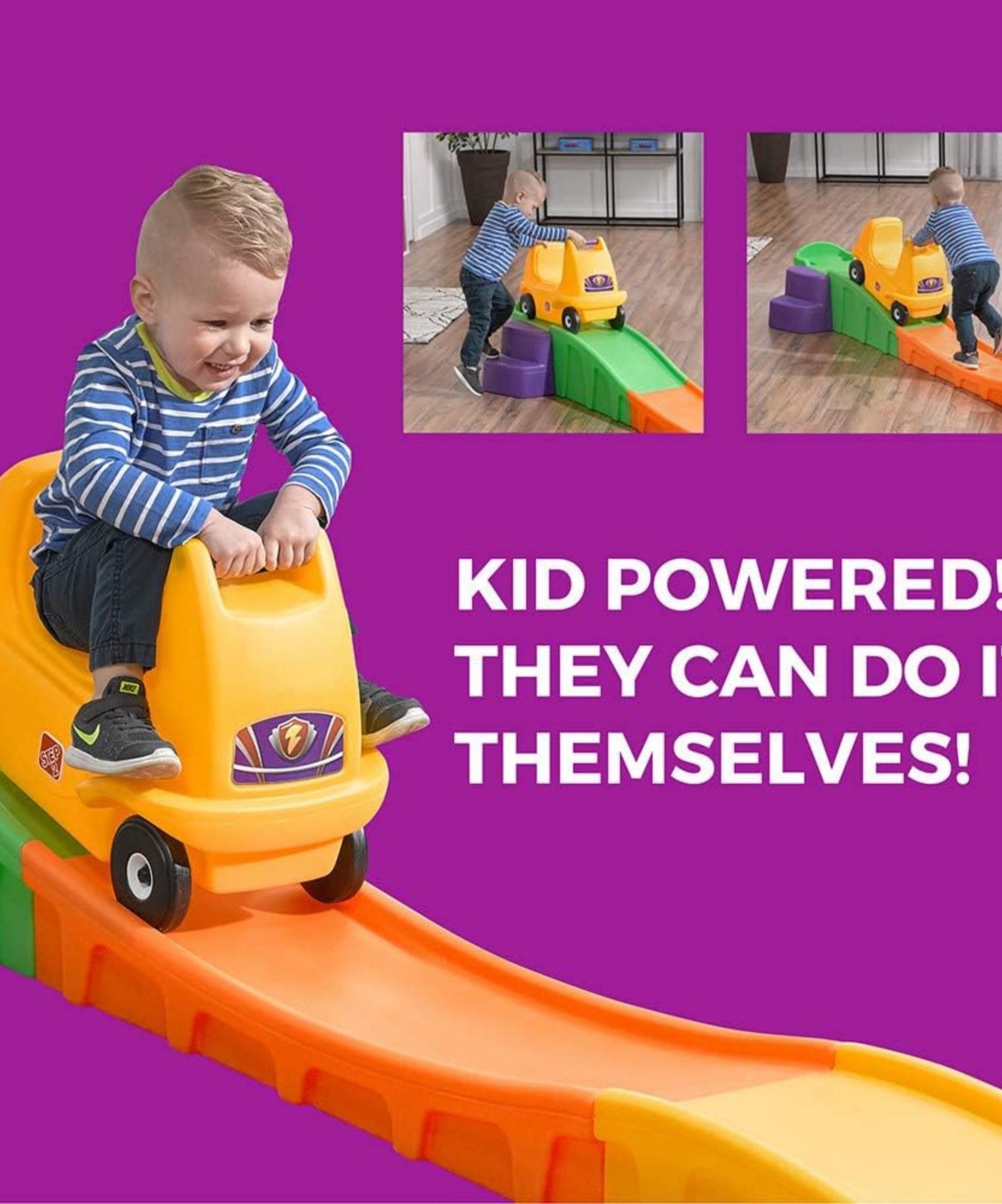 Step2 Up & Down Roller Coaster, 10 ft Indoor and Outdoor Toy with Coaster Car, 23 kg Weight Capacity Push Ride On Toy, Single Car with Holding Grips and Foot Rest, Suitable for Children Aged 2+