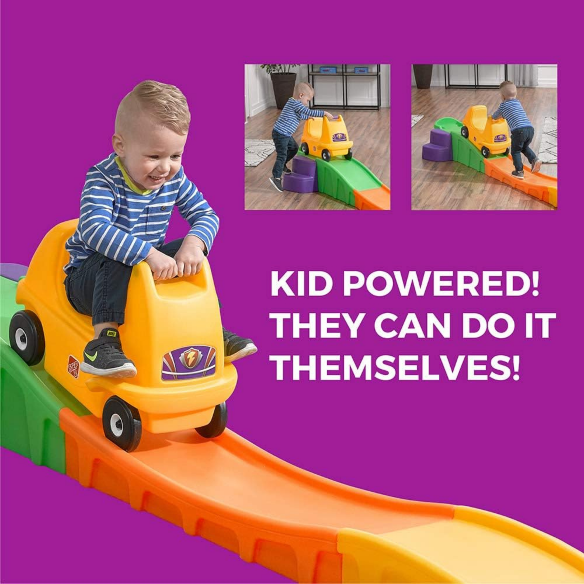 Step2 Up & Down Roller Coaster, 10 ft Indoor and Outdoor Toy with Coaster Car, 23 kg Weight Capacity Push Ride On Toy, Single Car with Holding Grips and Foot Rest, Suitable for Children Aged 2+