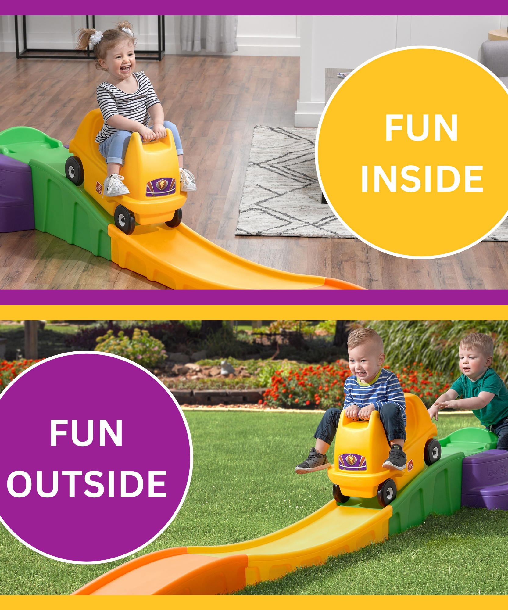 Step2 Up & Down Roller Coaster, 10 ft Indoor and Outdoor Toy with Coaster Car, 23 kg Weight Capacity Push Ride On Toy, Single Car with Holding Grips and Foot Rest, Suitable for Children Aged 2+