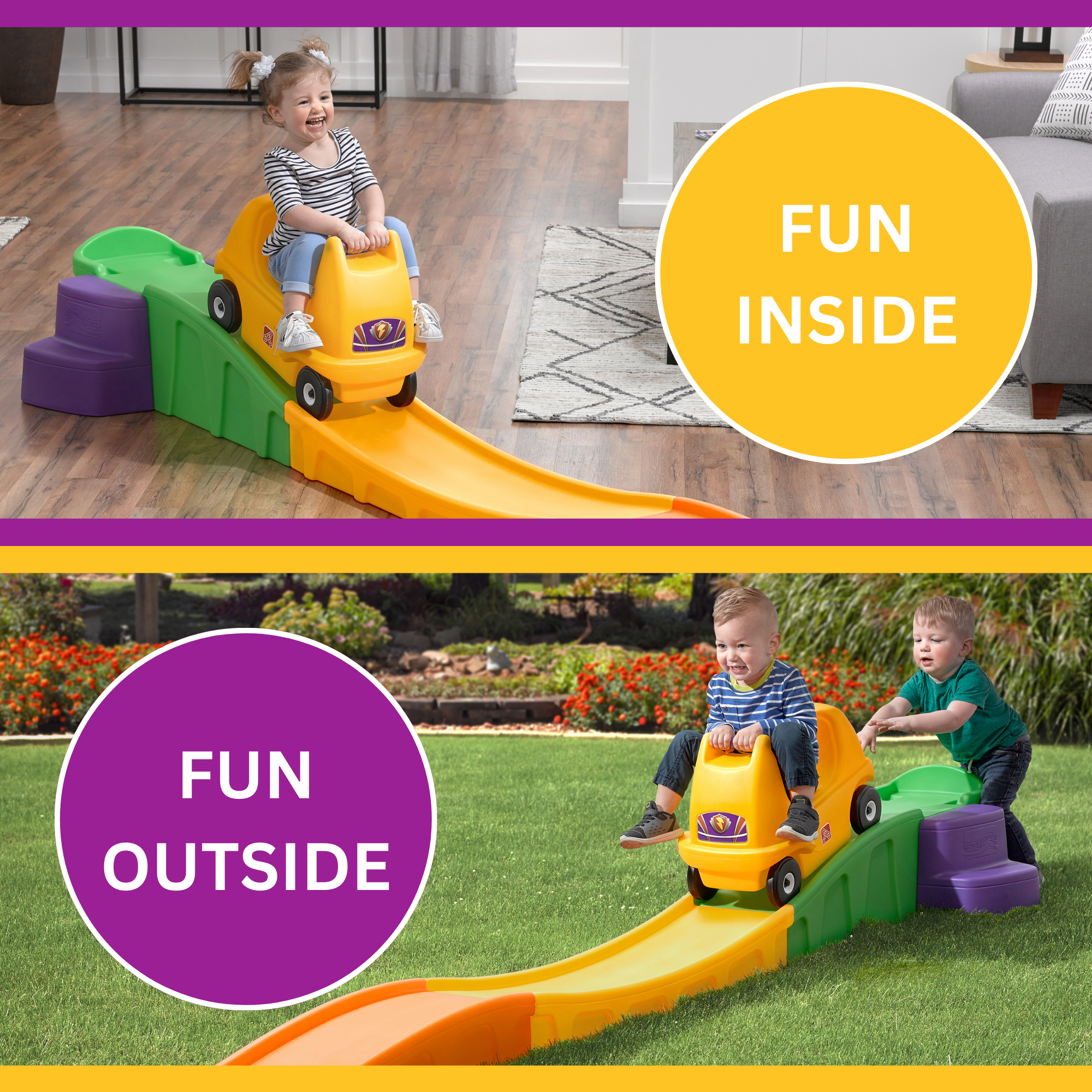 Step2 Up & Down Roller Coaster, 10 ft Indoor and Outdoor Toy with Coaster Car, 23 kg Weight Capacity Push Ride On Toy, Single Car with Holding Grips and Foot Rest, Suitable for Children Aged 2+