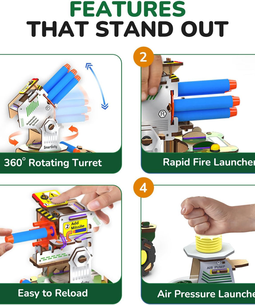 Smartivity DIY Missile Truck for Kids | Build Your Own Military Vehicle with Air-Powered 360° Rotating Launcher & 5 Foam Missiles | STEM Engineering Toy | Birthday Gift Boys & Girls 8 9 10 11 12 13 14