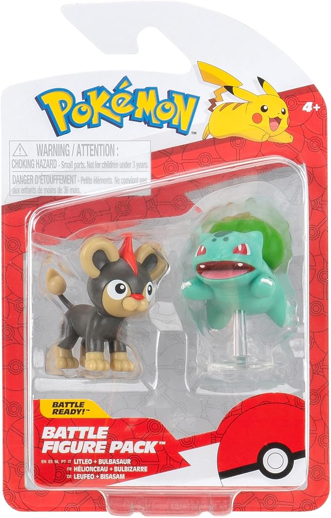 Pokemon Battle Figure Litleo & Bulbasaur,Official Detailed Action Figures, Play Figurines for Kids, Toy Gift