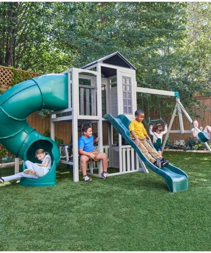 KidKraft Silver Sands Wooden Swing Set with Slides, Swings, Acrobar, Clubhouse and Picnic Table, Outdoor Playset for Kids Ages 3–10