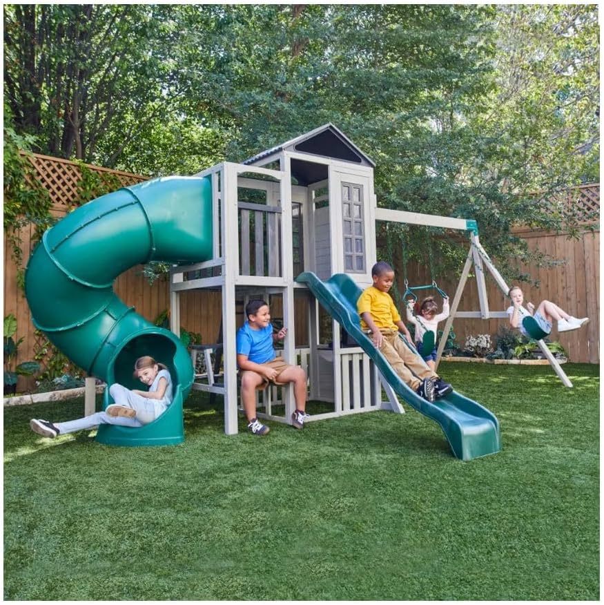 KidKraft Silver Sands Wooden Swing Set with Slides, Swings, Acrobar, Clubhouse and Picnic Table, Outdoor Playset for Kids Ages 3–10