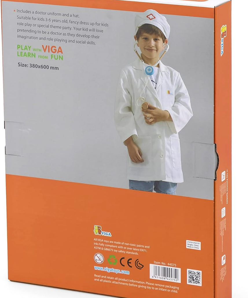 Viga Little Doctor Uniform and Hat Apron for Kids 3+ Pretend Play Costume Multicolor