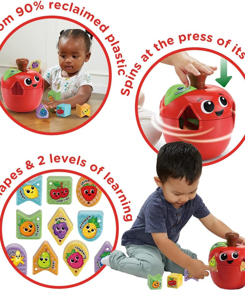 VTech 564603 Sorting Fun Apple Interactive Shape Sorter Toy with Spinning Fruit Shapes Educational Learning Toy for Toddlers 12-36 Months Made from 90% Reclaimed Plastic Includes 10 Shape Pieces and Quick Start Guide Multicolor