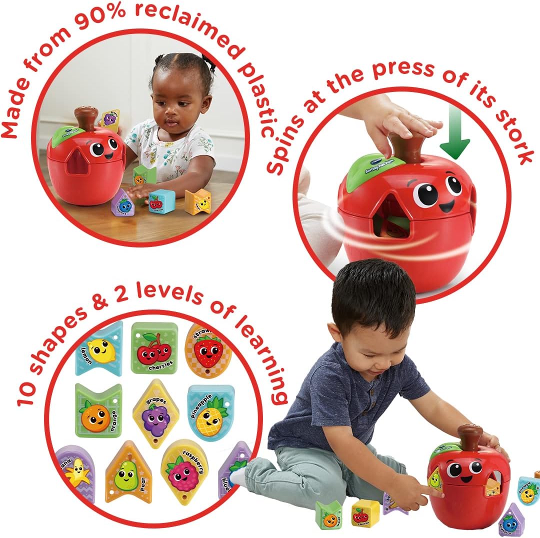 VTech 564603 Sorting Fun Apple Interactive Shape Sorter Toy with Spinning Fruit Shapes Educational Learning Toy for Toddlers 12-36 Months Made from 90% Reclaimed Plastic Includes 10 Shape Pieces and Quick Start Guide Multicolor