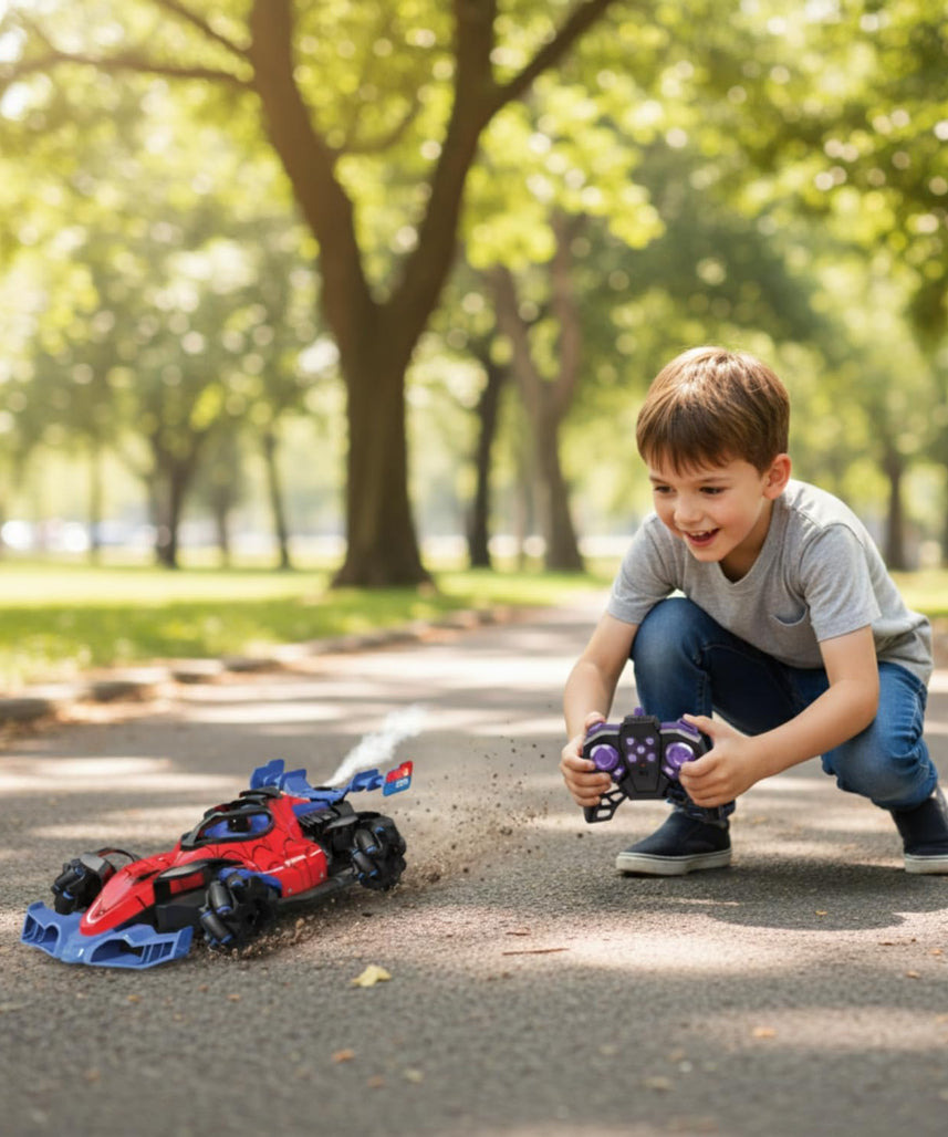 Marvel Spider-Man Aero Spitz GT RC Stunt Car – 2.4 GHz Remote Control Drifting Vehicle with Mecanum Wheels, Water Mist Spray, Music & LED Lights, 360° Spins, Official Marvel Toy for Kids Ages 6+