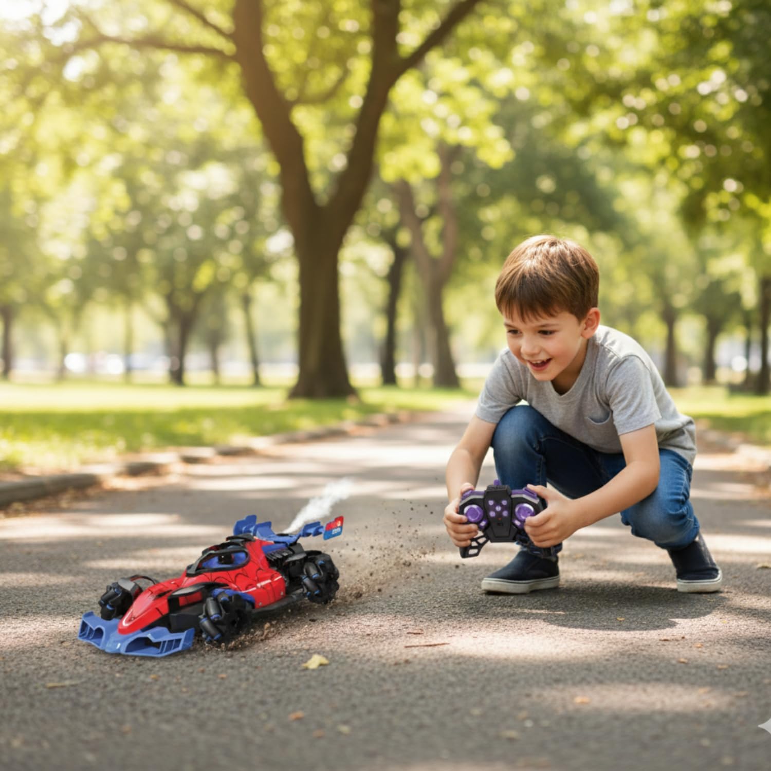 Marvel Spider-Man Aero Spitz GT RC Stunt Car – 2.4 GHz Remote Control Drifting Vehicle with Mecanum Wheels, Water Mist Spray, Music & LED Lights, 360° Spins, Official Marvel Toy for Kids Ages 6+