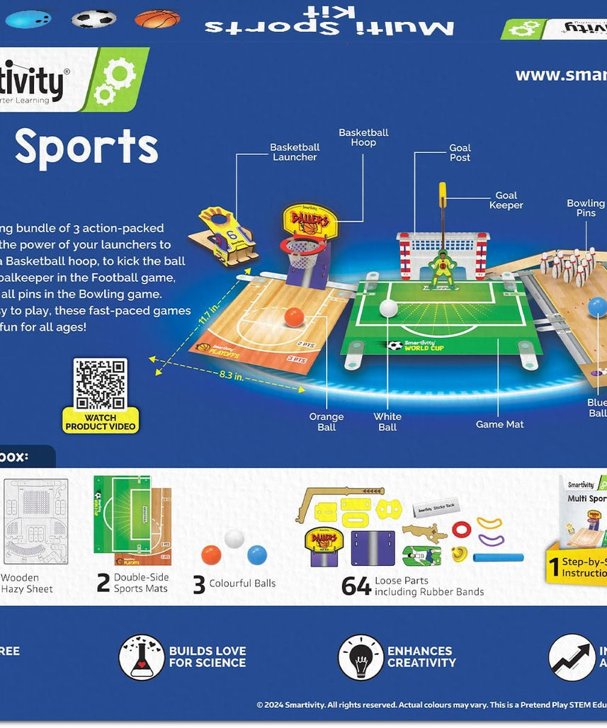 Smartivity 3in1 Basketball, Soccer, Bowling I Indoor Sports Game for Kids 6-12 Years Old I for Boys & Girls | DIY STEM Toy for Kids 6,7,8,9,10,11,12, Years I Wooden Construction Kit