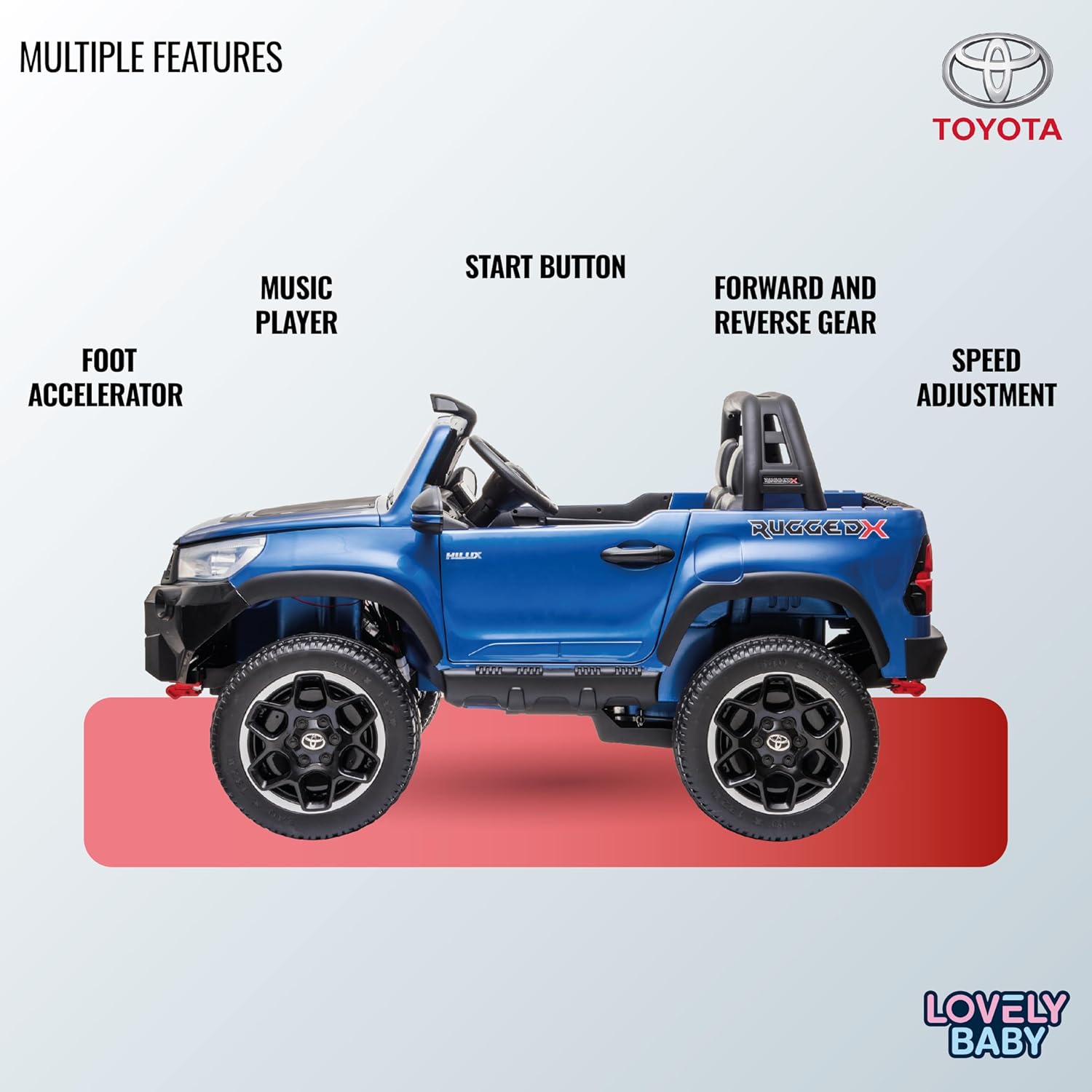 Lovely Baby LB 850DX Toyota Hilux Ride-On Car for Kids, 1-7 Years, Electric 4x4 Off-Road Vehicle, Remote Control, LED Lights, MP4 Music, Openable Doors – Red or Blue