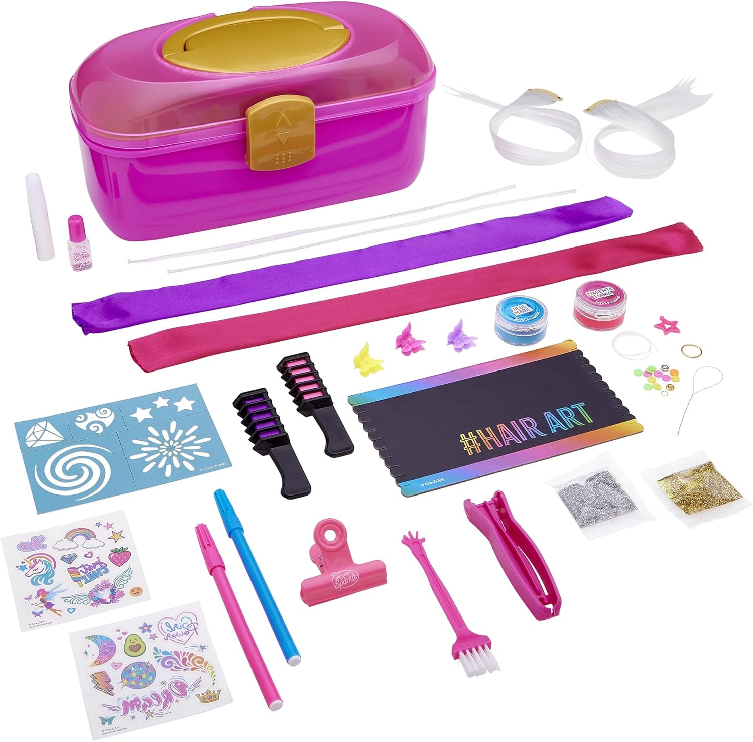 Shimmer N Sparkle 2-in-1 Hair & Body Creations Caddy, Complete Styling Kit with Hair Colors, Extensions, Tattoos, Chalk & Accessories, Portable Creativity Set for Kids Ages 8+
