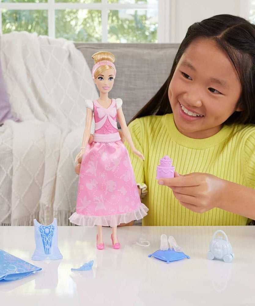Mattel Disney Princess Toys, Cinderella Fashion Doll with 2 Looks, 9 Accessories, 2 Snap-On Bodices & 2 Skirts, 2-in-1 Stories Inspired by Disney Movie