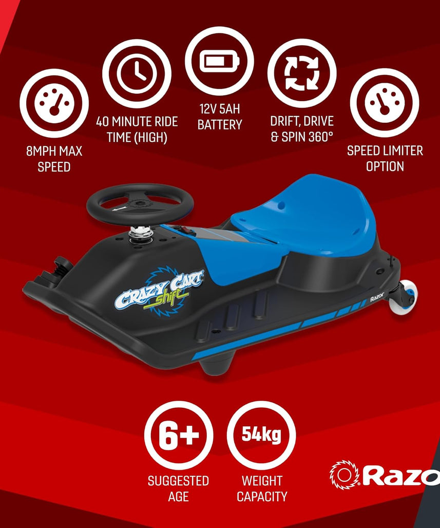 عربة سباق كهربائية Razor Crazy Cart Shift 12 فولت للأطفال من سن 6 سنوات فما فوق، مفتاح سرعة عالية/منخفضة قابل للتعديل، نظام دريفت مبسط، حتى 8 أميال في الساعة، وقت تشغيل 40 دقيقة، أقصى وزن 120 رطلاً