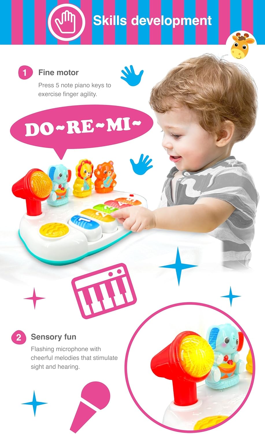 Winfun Jungle Pals Piano Interactive Toy for Kids, Musical Keyboard Baby Toy with Animal Sounds and Light Up Features, Early Learning Music Toy for 12+ Months