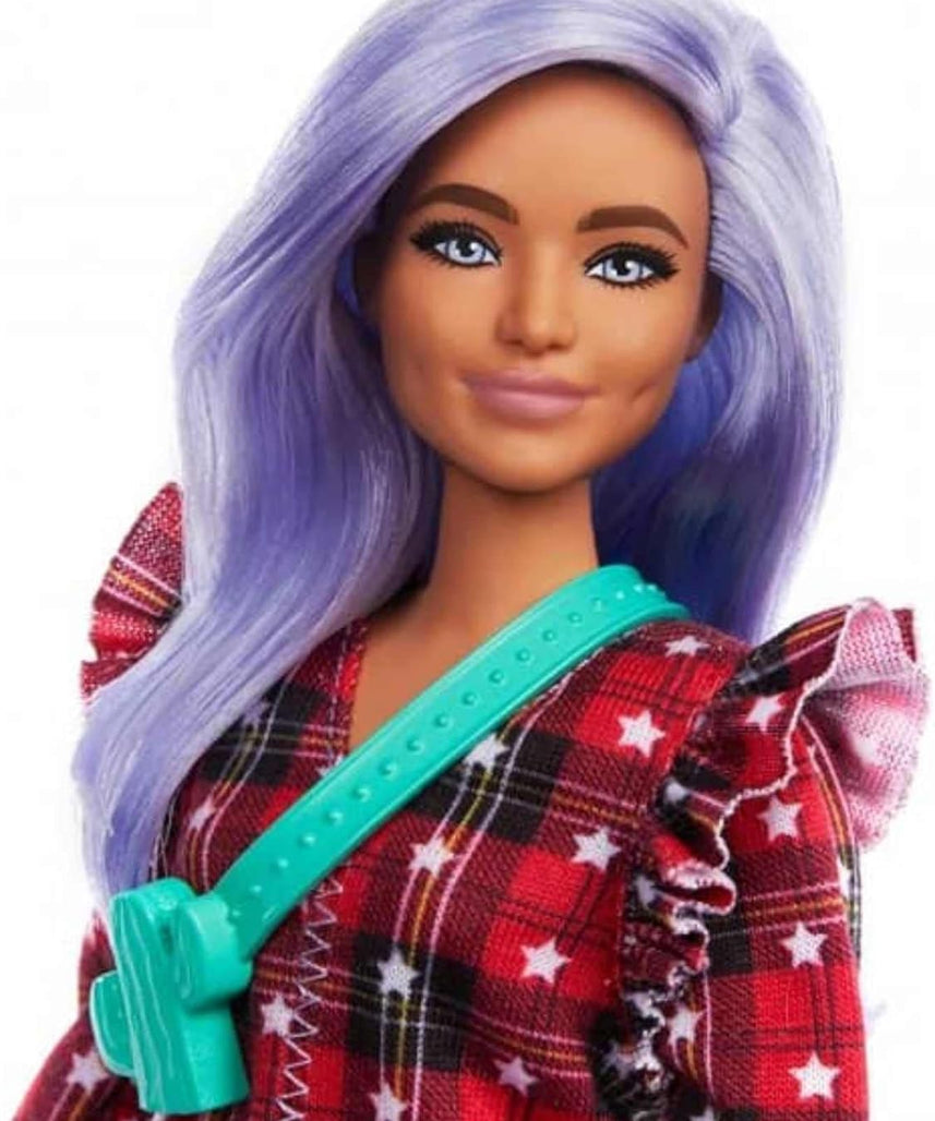 Barbie Fashionistas Doll #157, Curvy with Lavender Hair, Red Plaid Dress, White Cowboy Boots & Teal Cactus Bag, GRB49