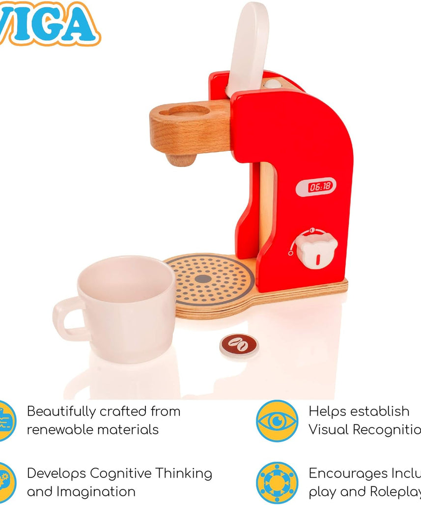 VIGA Pretend Play Wooden Coffee Maker for Toddlers, Role Play Educational Toy, Ages 3+