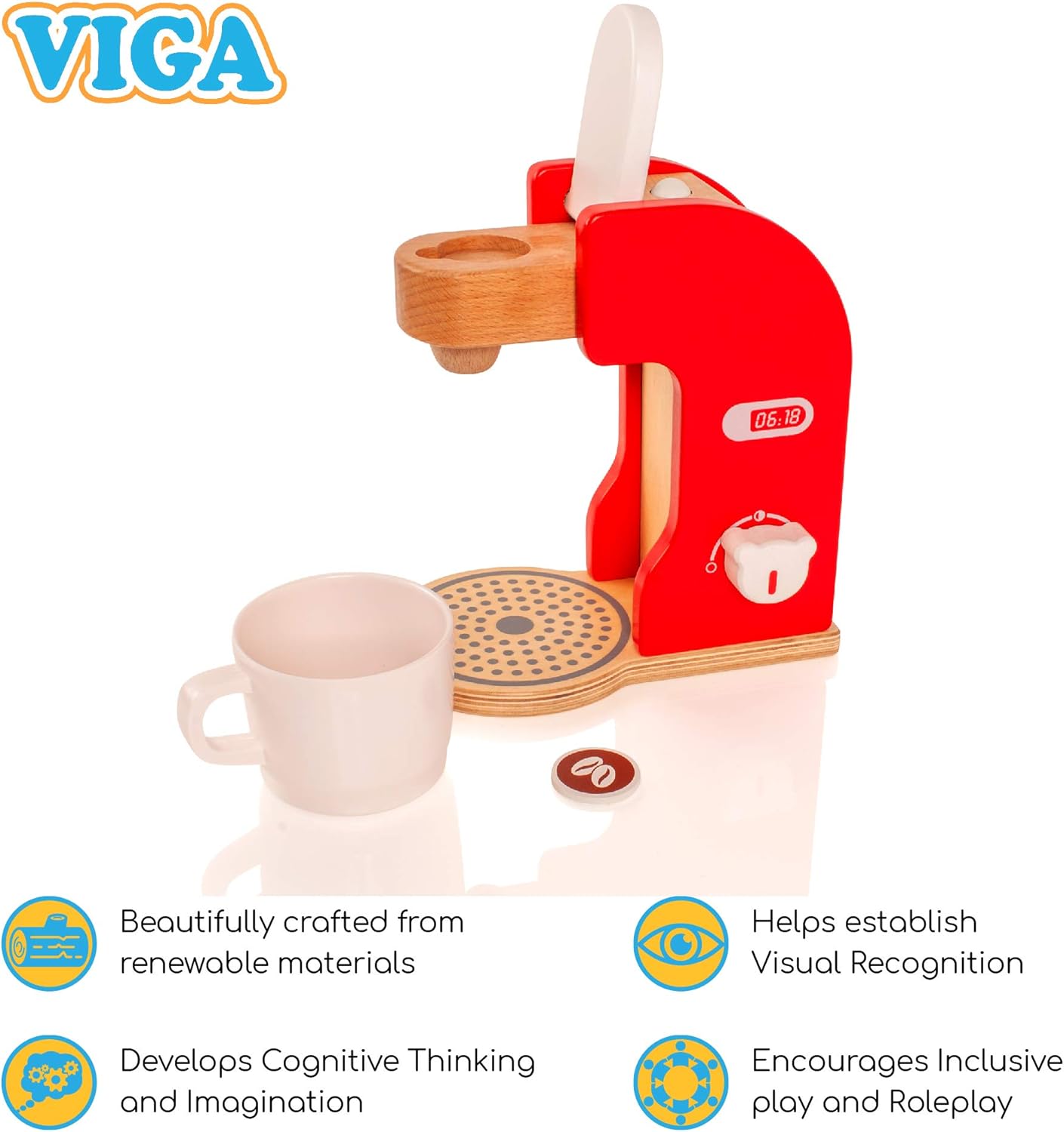 VIGA Pretend Play Wooden Coffee Maker for Toddlers, Role Play Educational Toy, Ages 3+