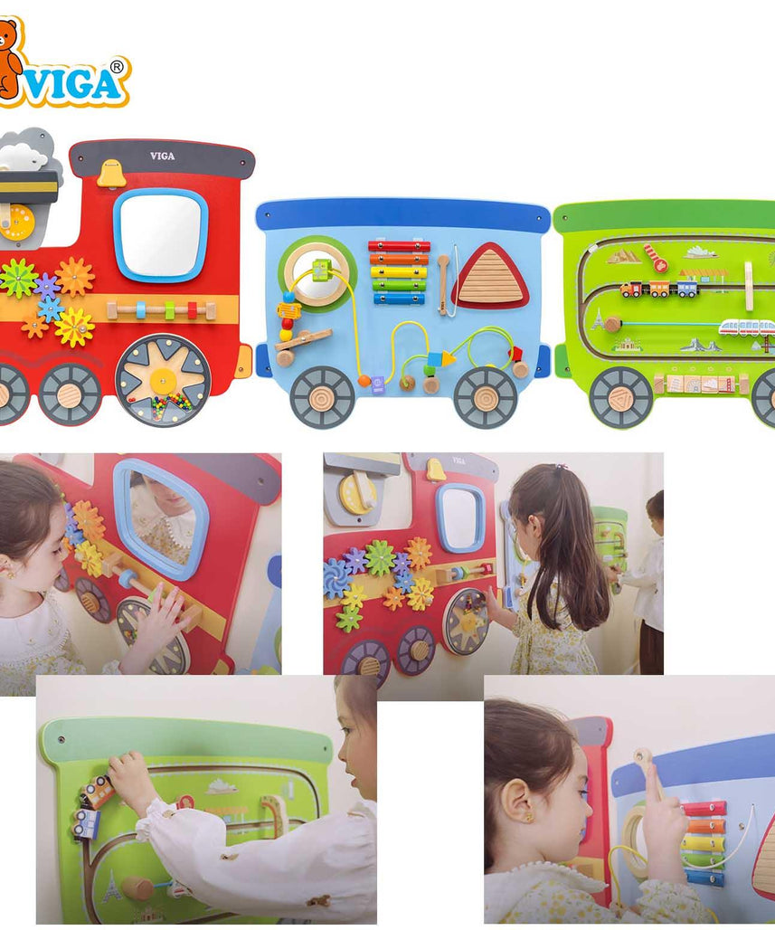 VIGA Multi Activity Wall Toy Train Series, Wooden Wall Mounted Activity Board, Montessori Learning Panel, Fine Motor Skills Toy for Toddlers, Playrooms & Waiting Areas, Ages 18M+