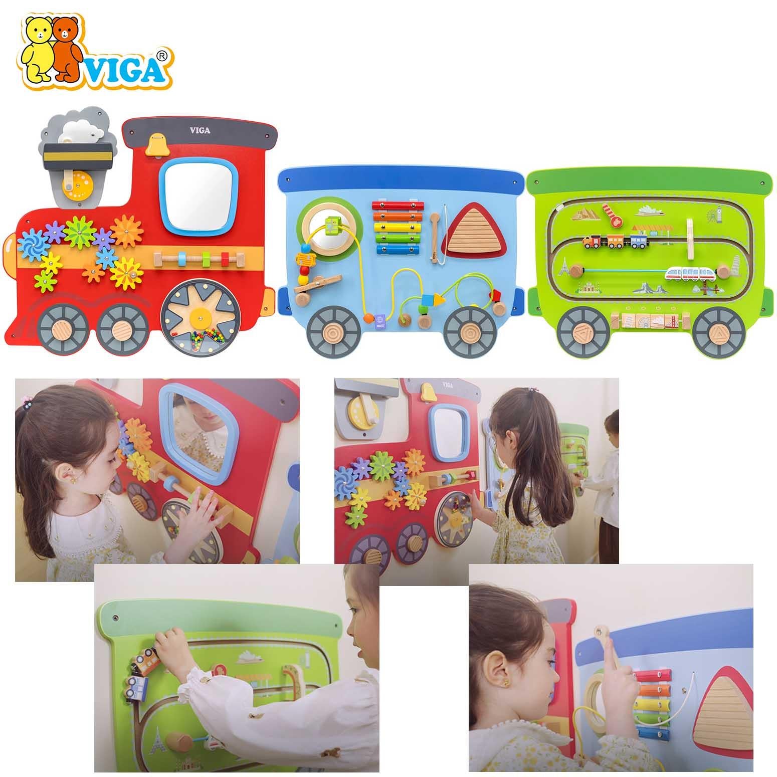 VIGA Multi Activity Wall Toy Train Series, Wooden Wall Mounted Activity Board, Montessori Learning Panel, Fine Motor Skills Toy for Toddlers, Playrooms & Waiting Areas, Ages 18M+
