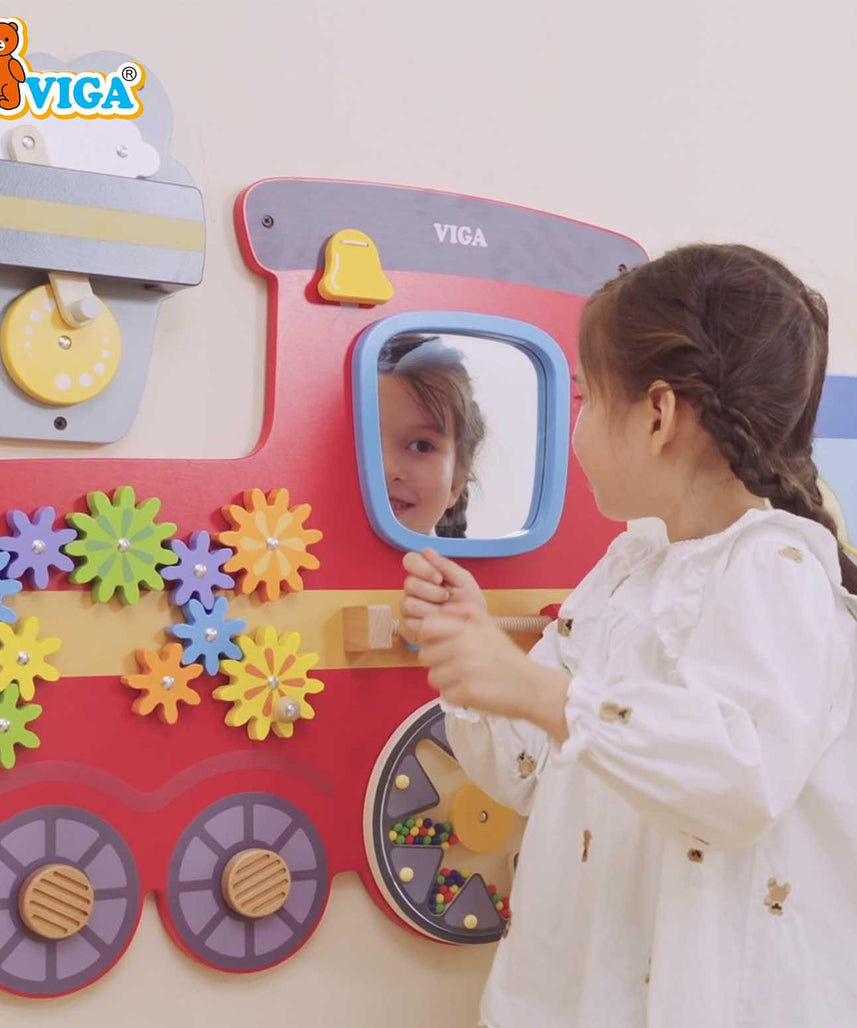 VIGA Multi Activity Wall Toy Train Series, Wooden Wall Mounted Activity Board, Montessori Learning Panel, Fine Motor Skills Toy for Toddlers, Playrooms & Waiting Areas, Ages 18M+
