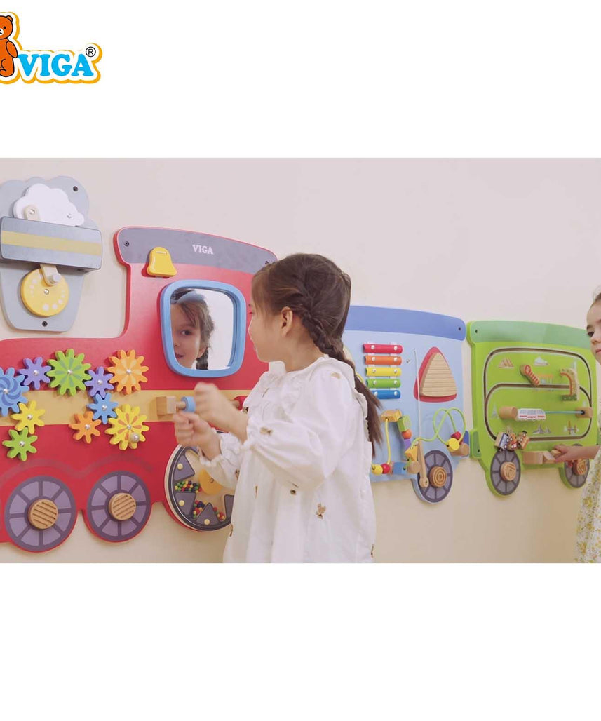 VIGA Multi Activity Wall Toy Train Series, Wooden Wall Mounted Activity Board, Montessori Learning Panel, Fine Motor Skills Toy for Toddlers, Playrooms & Waiting Areas, Ages 18M+