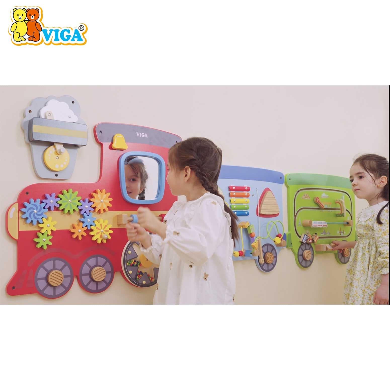 VIGA Multi Activity Wall Toy Train Series, Wooden Wall Mounted Activity Board, Montessori Learning Panel, Fine Motor Skills Toy for Toddlers, Playrooms & Waiting Areas, Ages 18M+