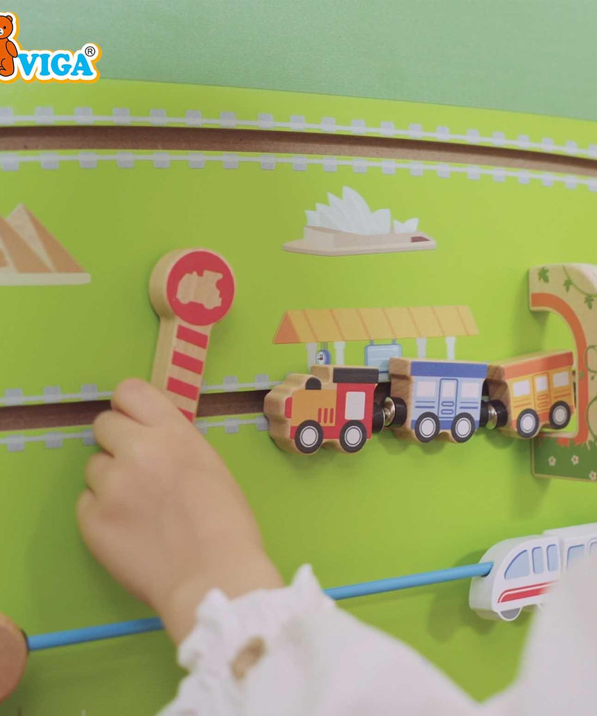 VIGA Multi Activity Wall Toy Train Series, Wooden Wall Mounted Activity Board, Montessori Learning Panel, Fine Motor Skills Toy for Toddlers, Playrooms & Waiting Areas, Ages 18M+