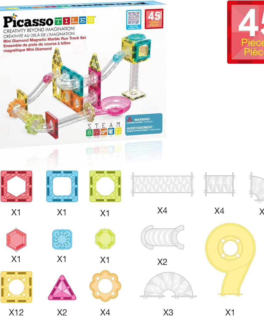 PicassoTiles Magnet Tiles Building Block Travel Size Magnetic Marble Run Construction Toy Set Mini Diamond Marble RaceTrack 45 pc Building Blocks Playset Education STEM Learning Kit Boy Girl 3+ PTMG45