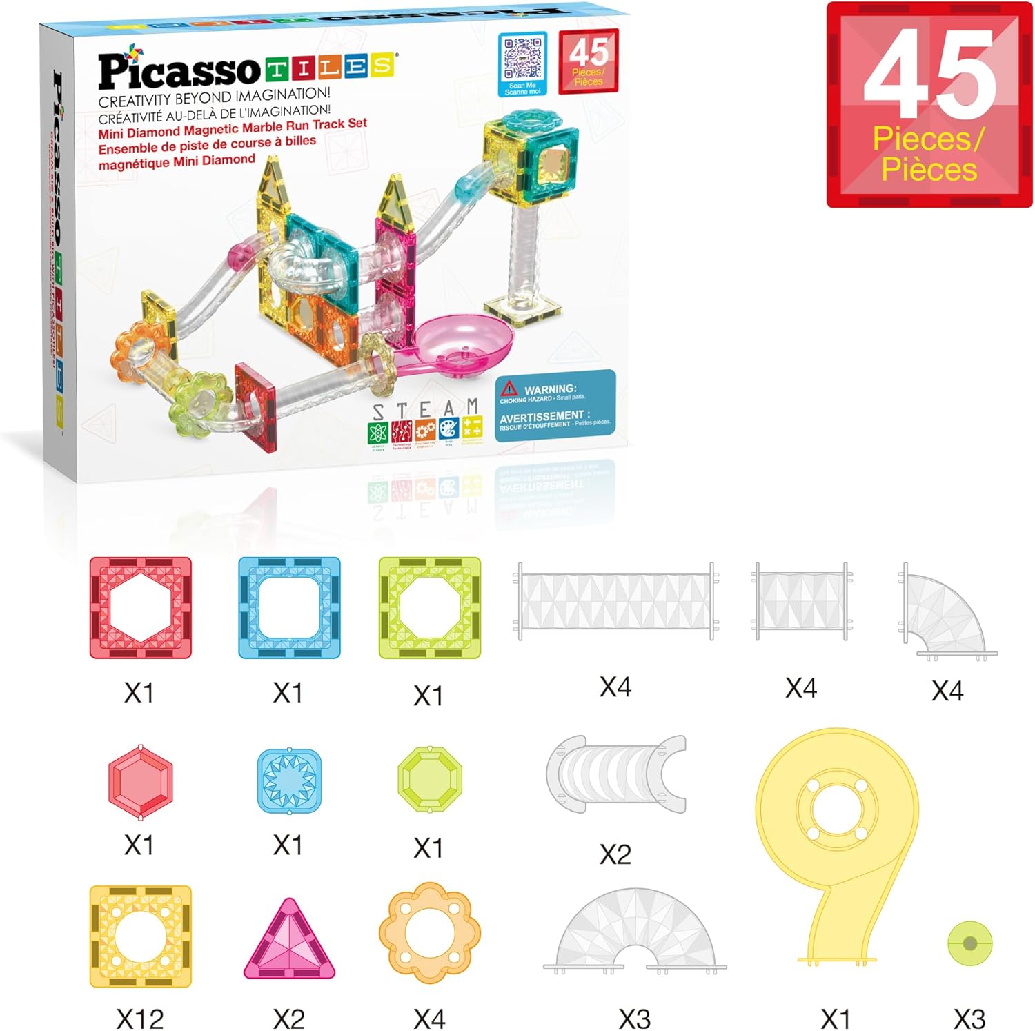 PicassoTiles Magnet Tiles Building Block Travel Size Magnetic Marble Run Construction Toy Set Mini Diamond Marble RaceTrack 45 pc Building Blocks Playset Education STEM Learning Kit Boy Girl 3+ PTMG45