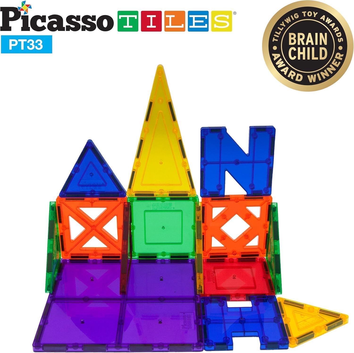PicassoTiles 33 Piece Building Blocks 33pcs Educational Kit 3D Building Construction Toy Set Clear Magnetic Stacking Block STEM Playboard Magnet Felt Tiles Novelty Game, Creativity Beyond Imagination
