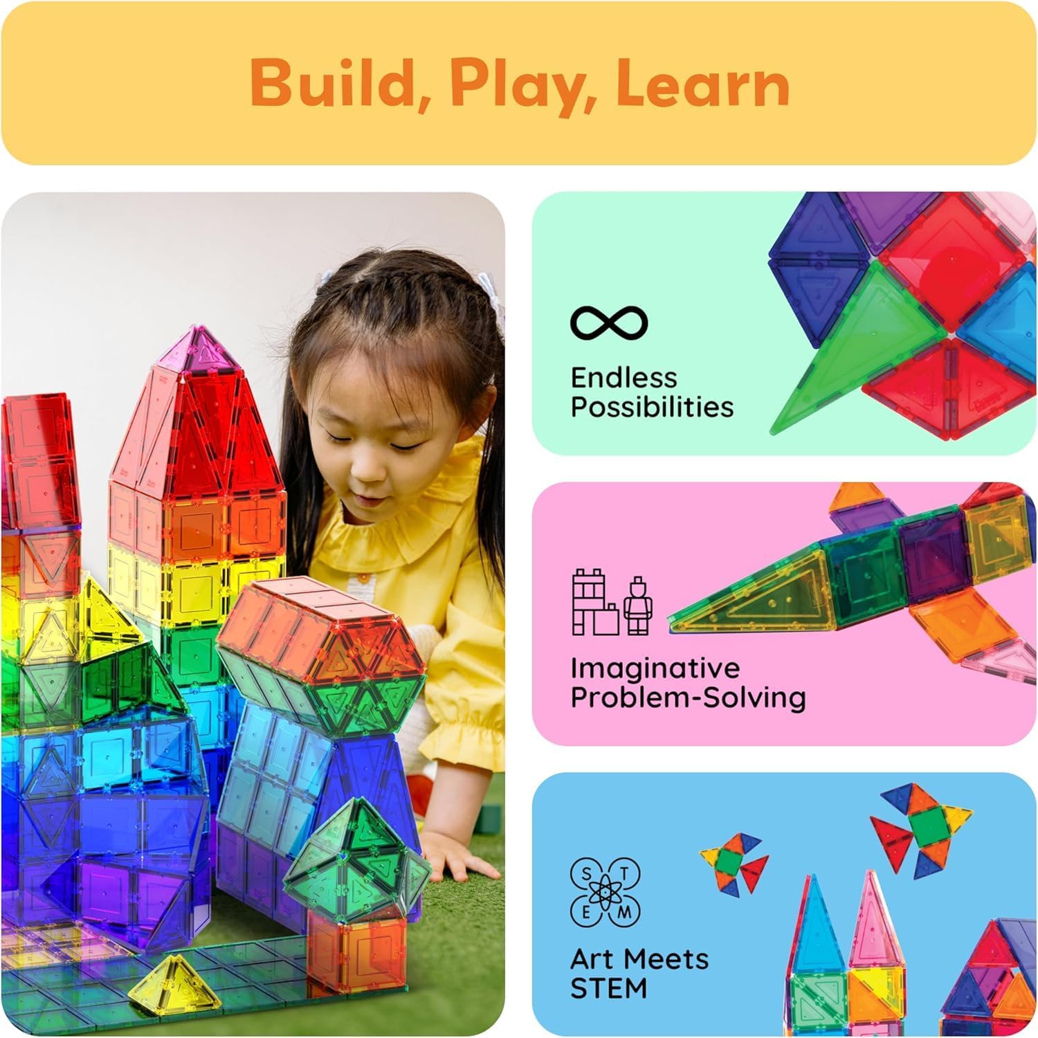 Picasso Tiles Magnetic Tile Classic Toy Building 61 Piece Set