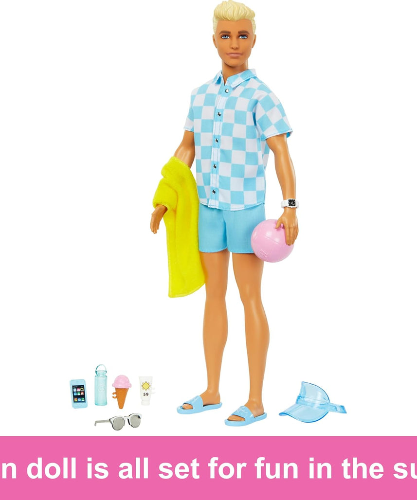 Barbie Blonde Ken Doll with Blue Button-Down and Swim Trunks, Beach-Themed Accessories for Imaginative Role Play, Ages 3+