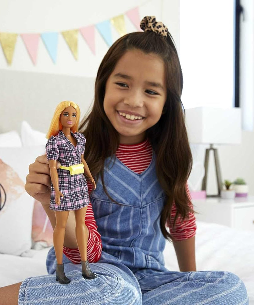 Barbie Fashionistas Doll 161 Curvy Orange Hair Pink Plaid Dress Black Boots Yellow Fanny Pack GRB53 Multicolour Toy for Kids 3 to 8 Years