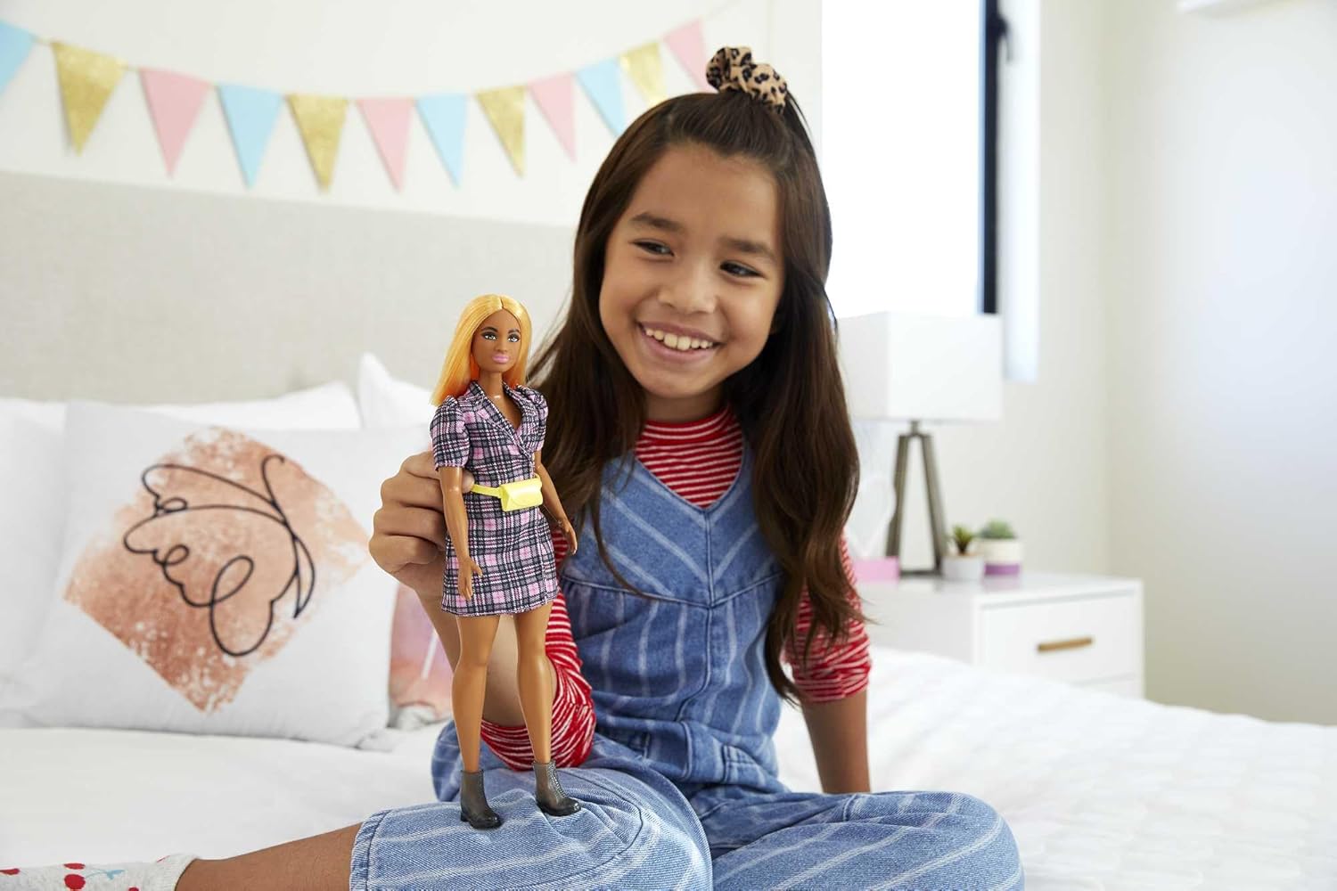 Barbie Fashionistas Doll 161 Curvy Orange Hair Pink Plaid Dress Black Boots Yellow Fanny Pack GRB53 Multicolour Toy for Kids 3 to 8 Years