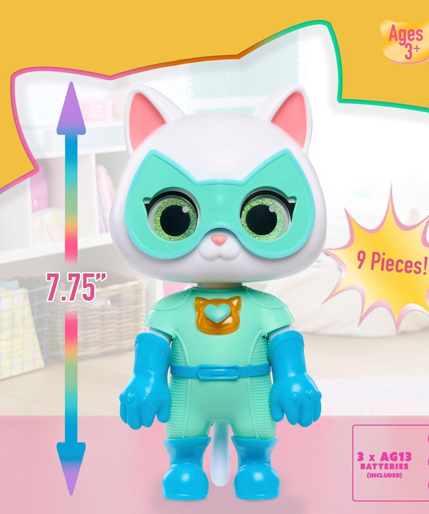 Just Play Disney Junior SuperKitties Cat-Tastic Transforming Bitsy Toy Figure, Lights and Sounds, Accessories Included, Kids 3+